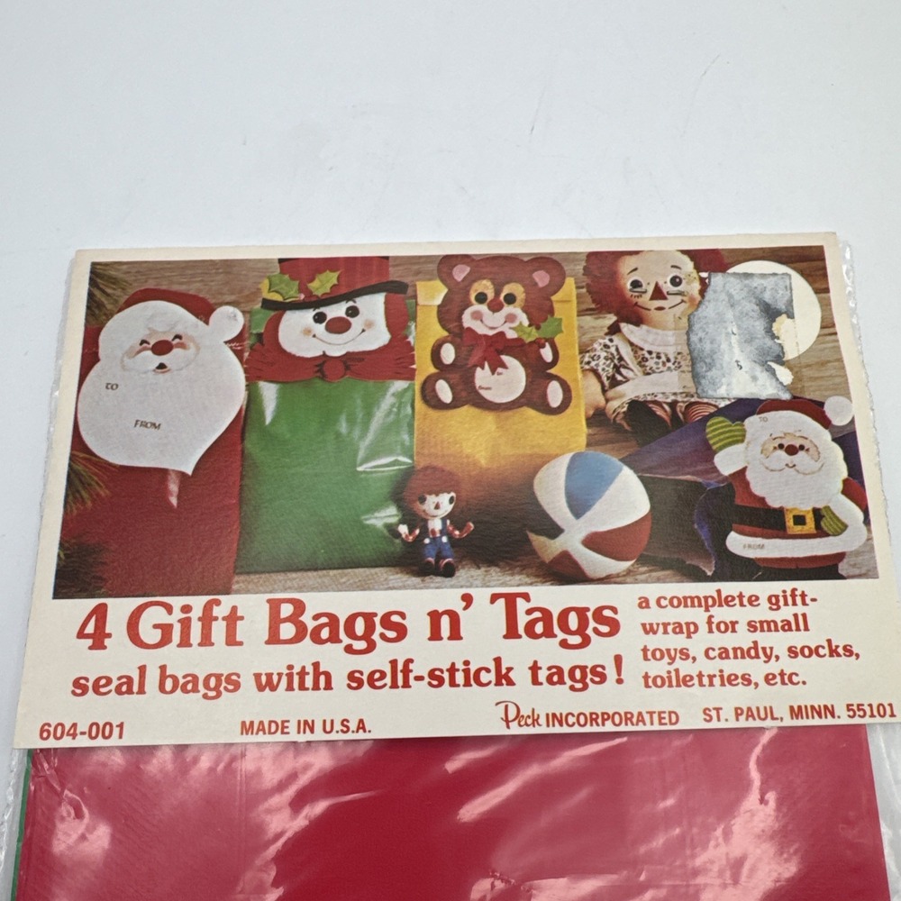 Vintage 60s Christmas Gift Paper Bags & Die Cut Tags Decoration by Peck Set 4